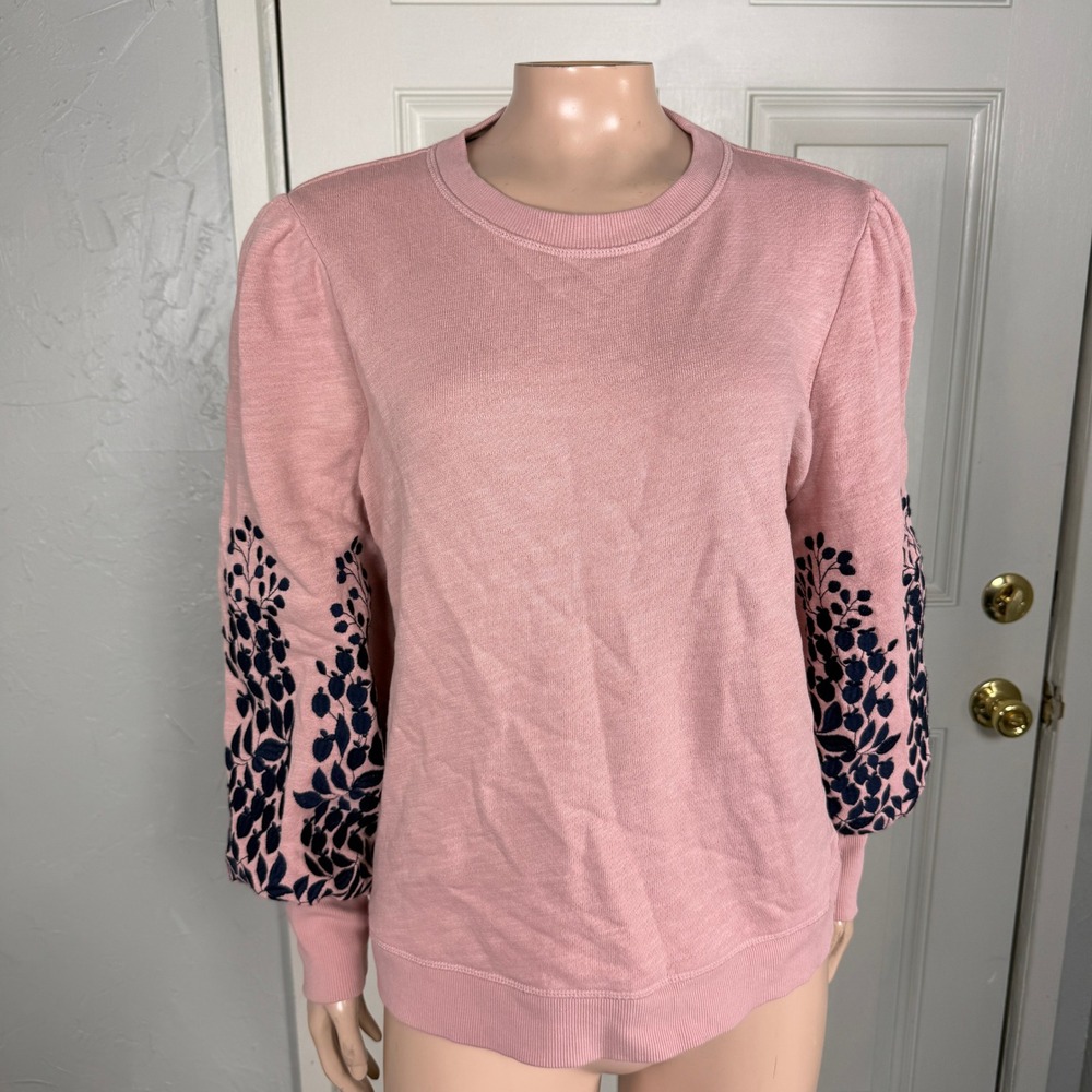Women's Pink Pullover Sweatshirt with Navy Leaf Sleeve Detail